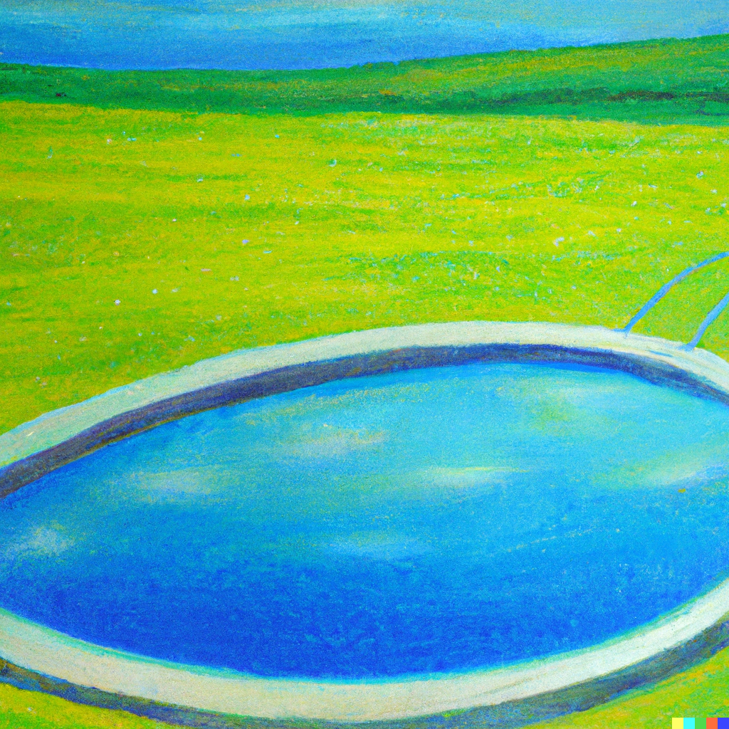 DALL·E 2024 01 20 16.01.41 oel gemaelde ellipsenfoermiges schwimmbecken mit blauem Wasser gruener wiese und blauem himmel